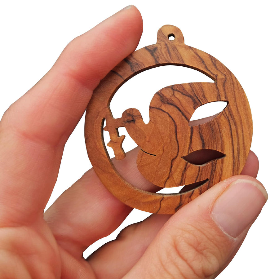 Olive wood pendant dove of peace with cross – handmade in Bethlehem – product view