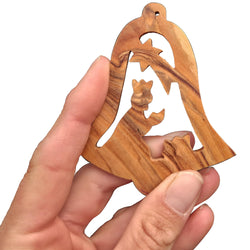 Colgante de madera de olivo Campana con escena del Nacimiento de Belén – bendecido en nuestro almacén – vista del producto