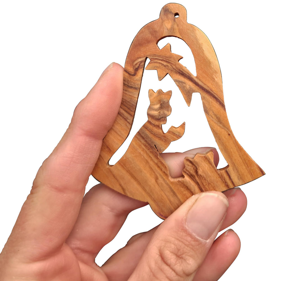 Olive wood pendant bell with nativity scene from Bethlehem – blessed in our warehouse – product view