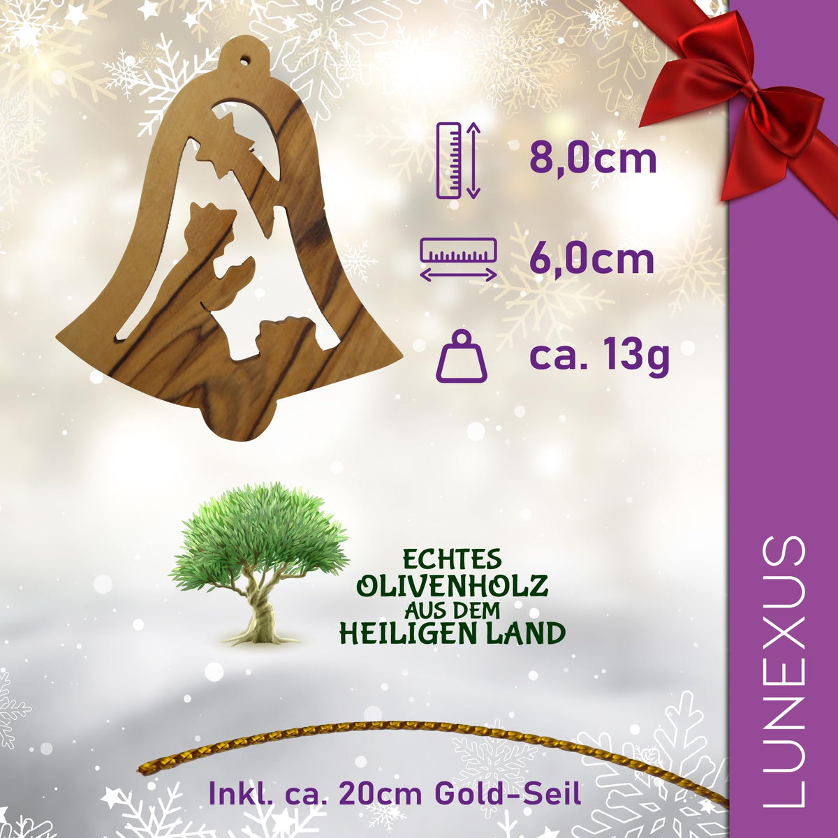Olive wood pendant bell with nativity scene from Bethlehem – blessed in our warehouse – view 2