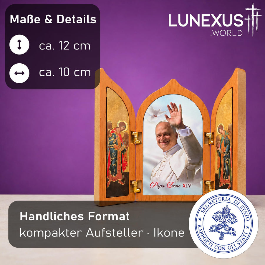Pope Leo XIV triptych wooden stand-up 12×10 cm – blessed – view 2