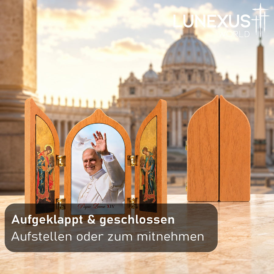 Pope Leo XIV triptych wooden stand-up 12×10 cm – blessed – view 6