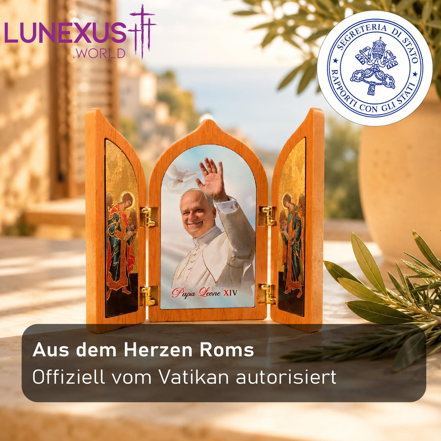 Pope Leo XIV triptych wooden stand-up 12×10 cm – blessed – view 7