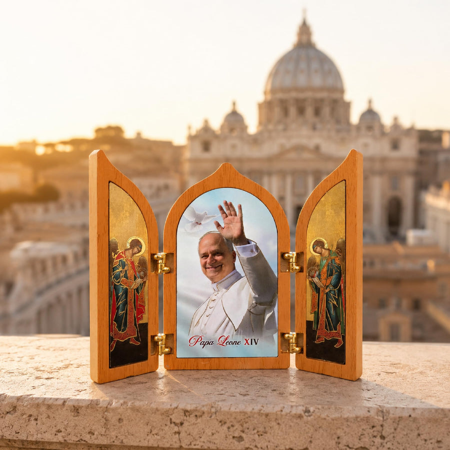 Pope Leo XIV triptych wooden stand-up 12×10 cm – blessed – view 8