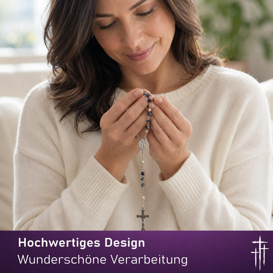 Rosario de cuentas de cristal azul jaspeado 47 cm – bendecido – vista 8