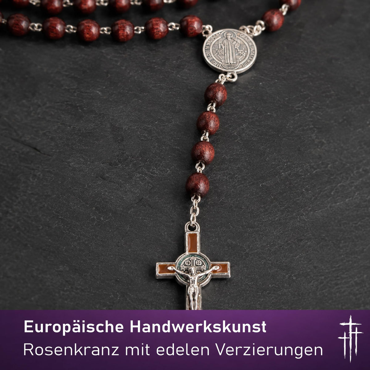 Dark brown wooden rosary with St Benedict cross 50 cm – blessed – view 5