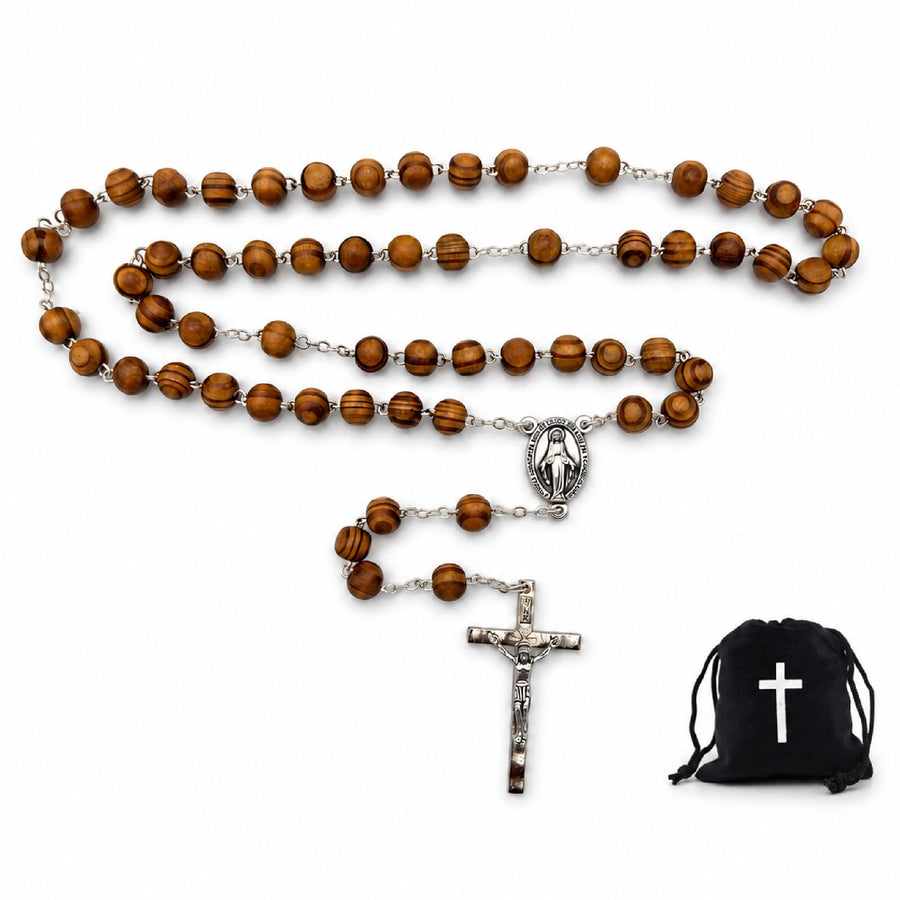 Rosario de madera marrón claro 50 cm, Medalla Milagrosa – bendecido – vista del producto