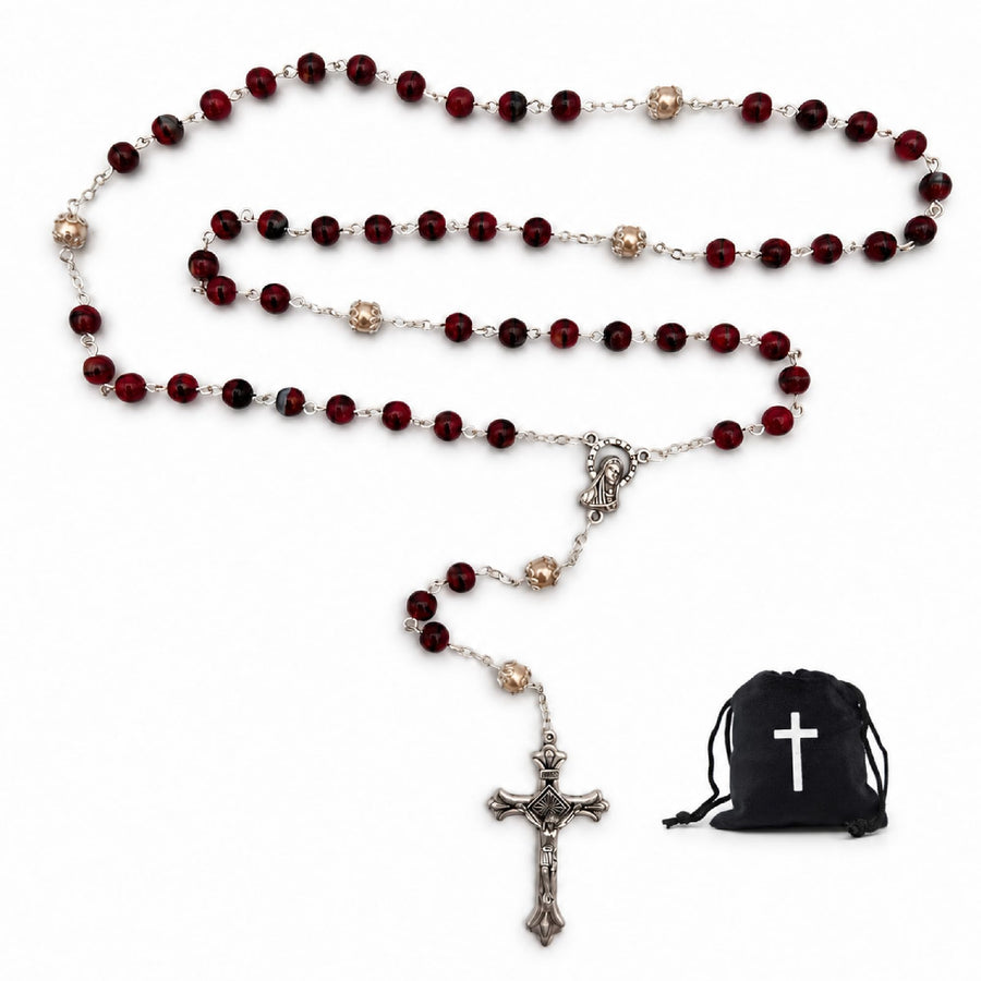 Rosary red glass beads 50 cm with Madonna plaque – blessed – product view