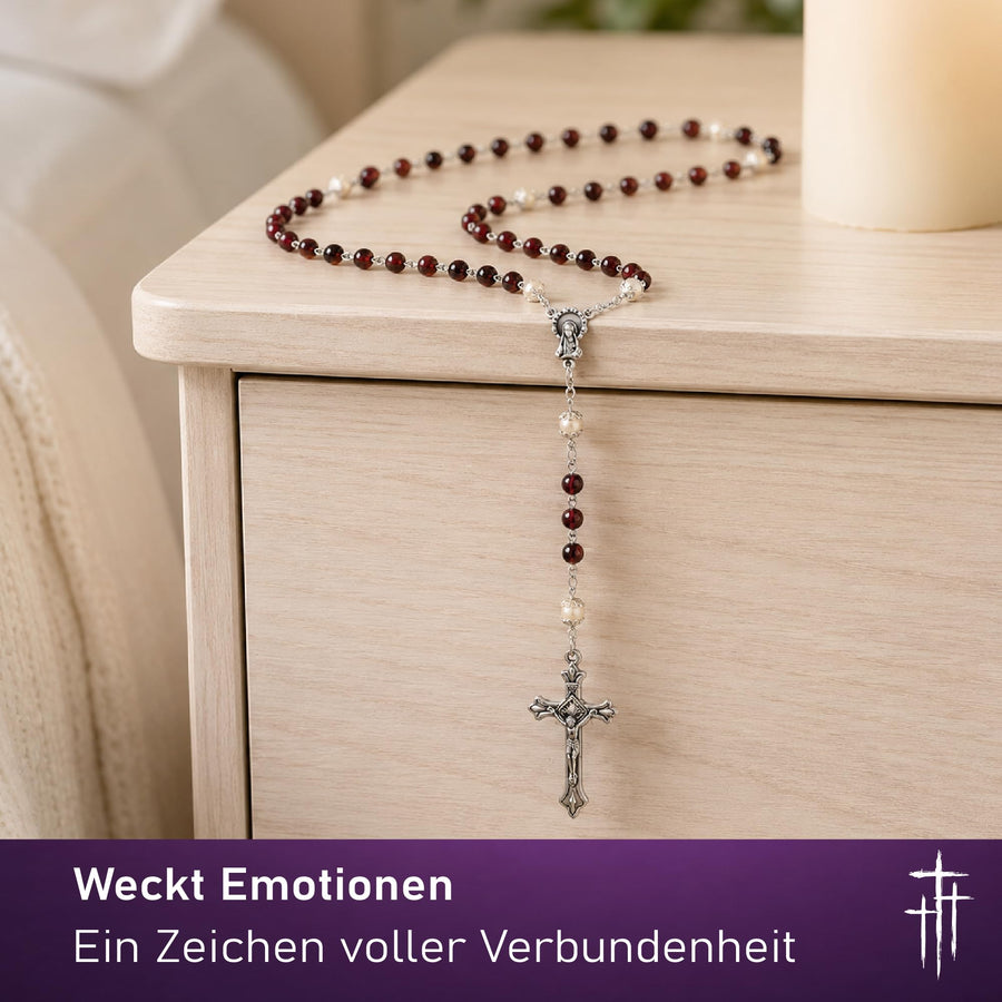 Rosary red glass beads 50 cm with Madonna plaque – blessed – view 7