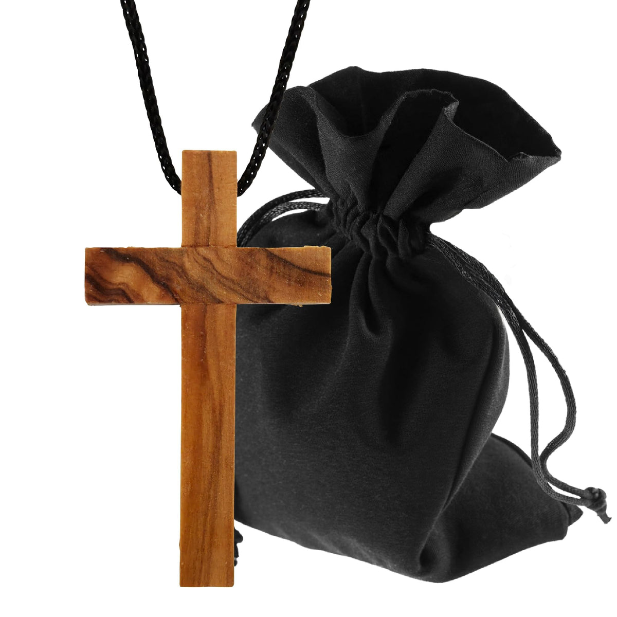 Colgante de cruz sencillo de madera de olivo de Belén con cordón y certificado – vista del producto