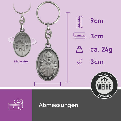 Abmessungen Schlüsselanhänger Hl Valentin 9 cm ovales Metall christliches Valentinstag Geschenk für Paare