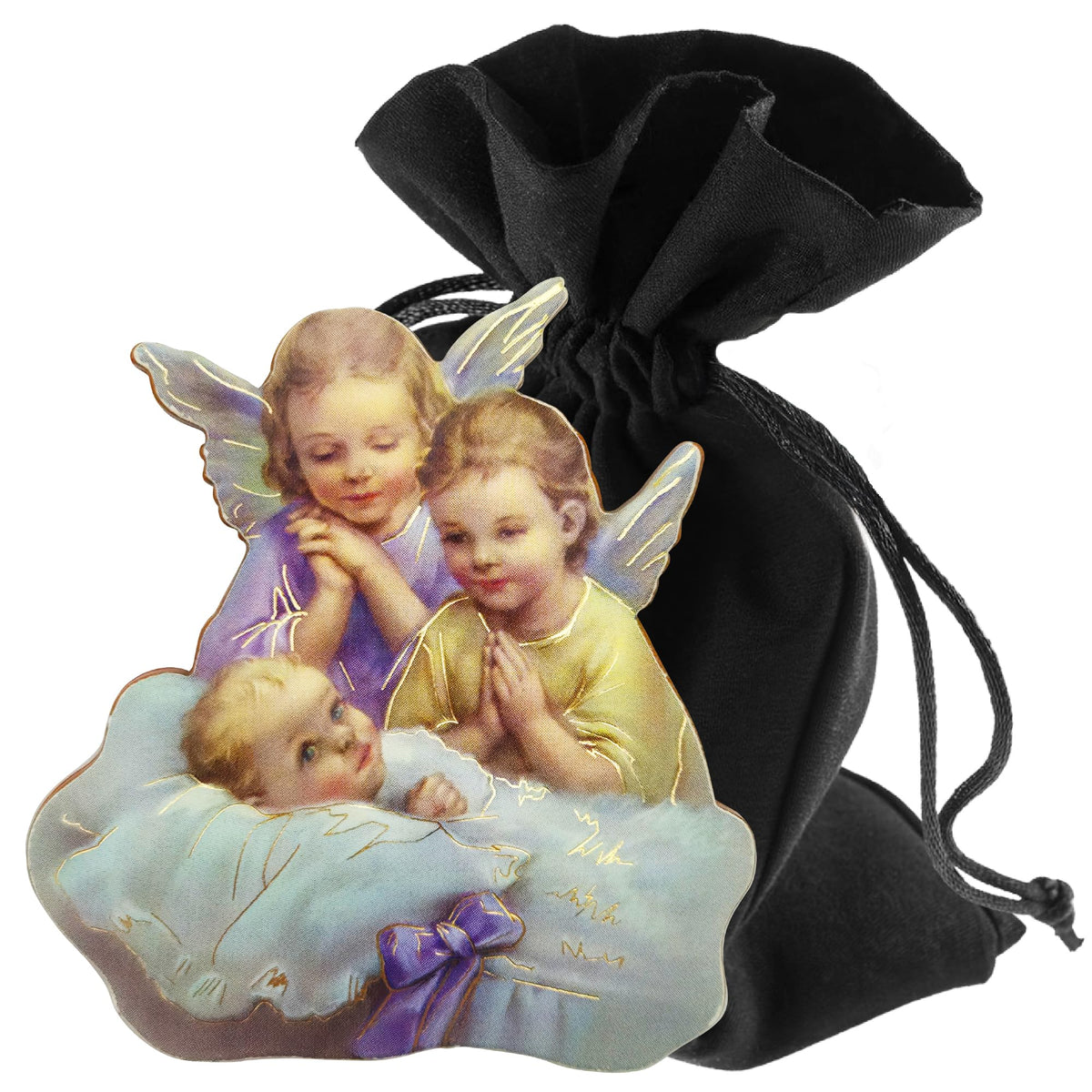 Guardian angel with baby magnet 6 × 5.5 cm – blessed & velvet pouch – product view