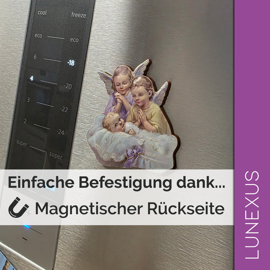 Angelo custode con bambino, magnete 6 × 5,5 cm – benedetto, con sacchetto di velluto – vista 4