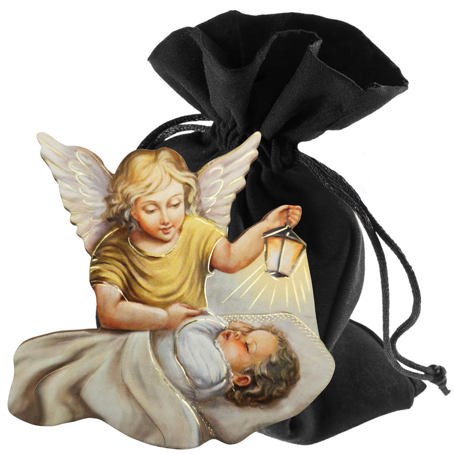 Guardian angel with lantern magnet 6.5 cm – blessed & velvet pouch – product view