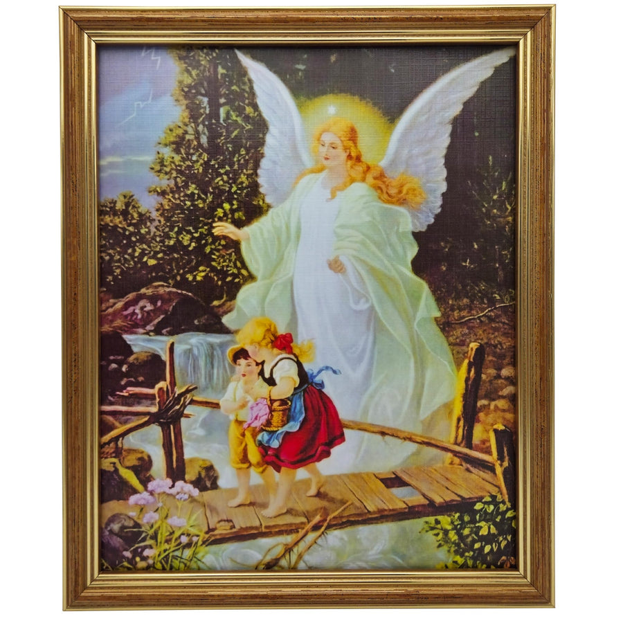 Cuadro ángel de la guarda con marco de madera – ángel guía a unos niños por un puente (27 × 22 cm, marco dorado) – vista del producto