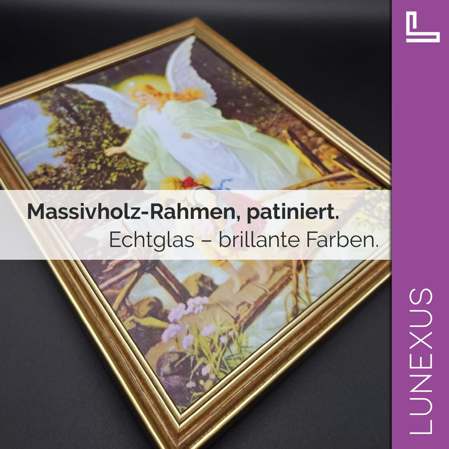 Cuadro ángel de la guarda con marco de madera – ángel guía a unos niños por un puente – vista 4
