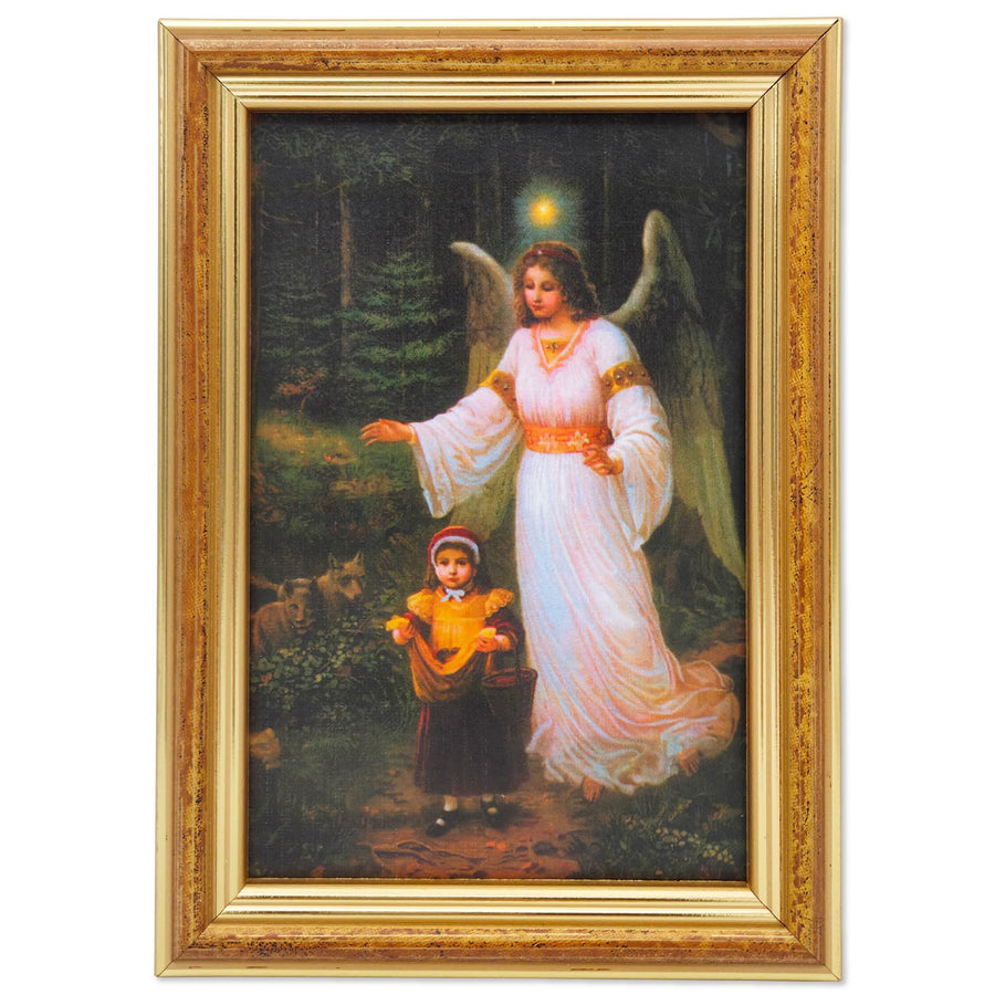 Quadretto angelo custode 12×17 cm – motivo «L'angelo accompagna un bambino nel bosco buio» – vista del prodotto