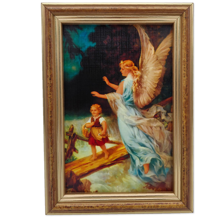 Quadretto angelo custode 12×17 cm – motivo «L'angelo guida un bambino sul ponte» – vista del prodotto