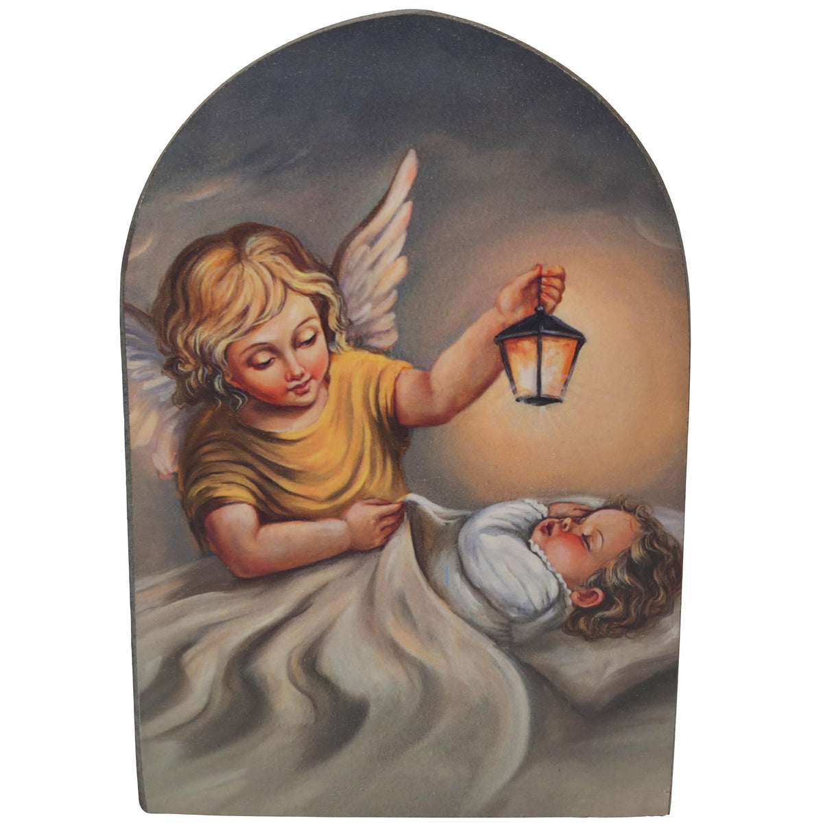 Cuadro ángel de la guarda 13,5×8,5 cm – ángel con farol sobre un niño – vista del producto