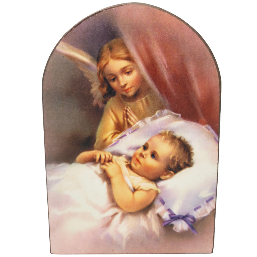 Targhetta angelo custode 13,5×8,5 cm – angelo che veglia su un neonato che dorme – vista del prodotto
