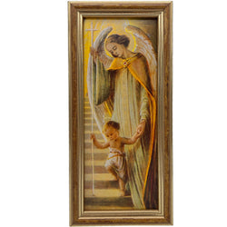 Quadro angelo custode 25×12 cm – l'angelo guida un bambino su per le scale – vista del prodotto