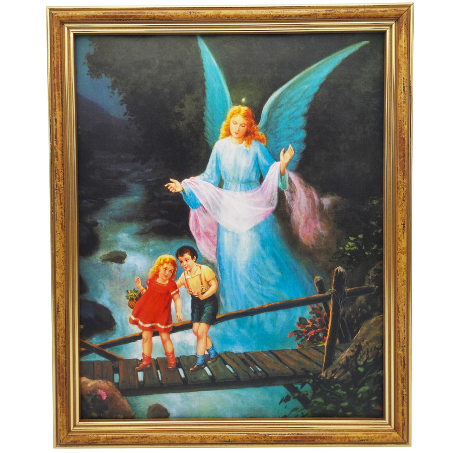 Cuadro ángel de la guarda con marco dorado – dos niños en un puente nocturno (tamaño grande 27 × 22 cm) – vista del producto