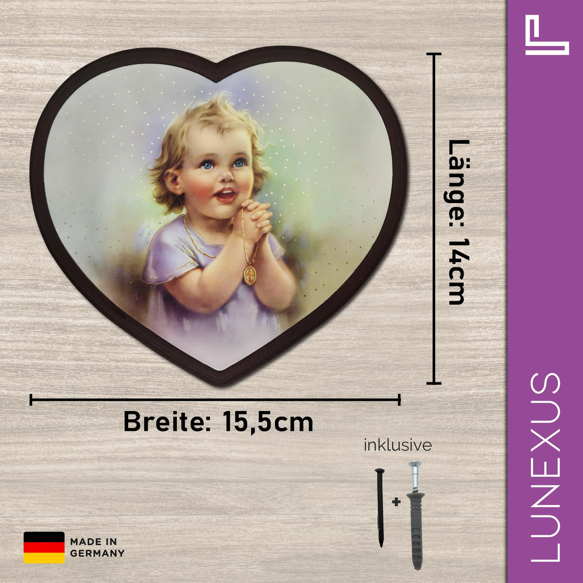 Cuadro ángel de la guarda en forma de corazón 14×15,5 cm – niño rezando con rosario – vista 2