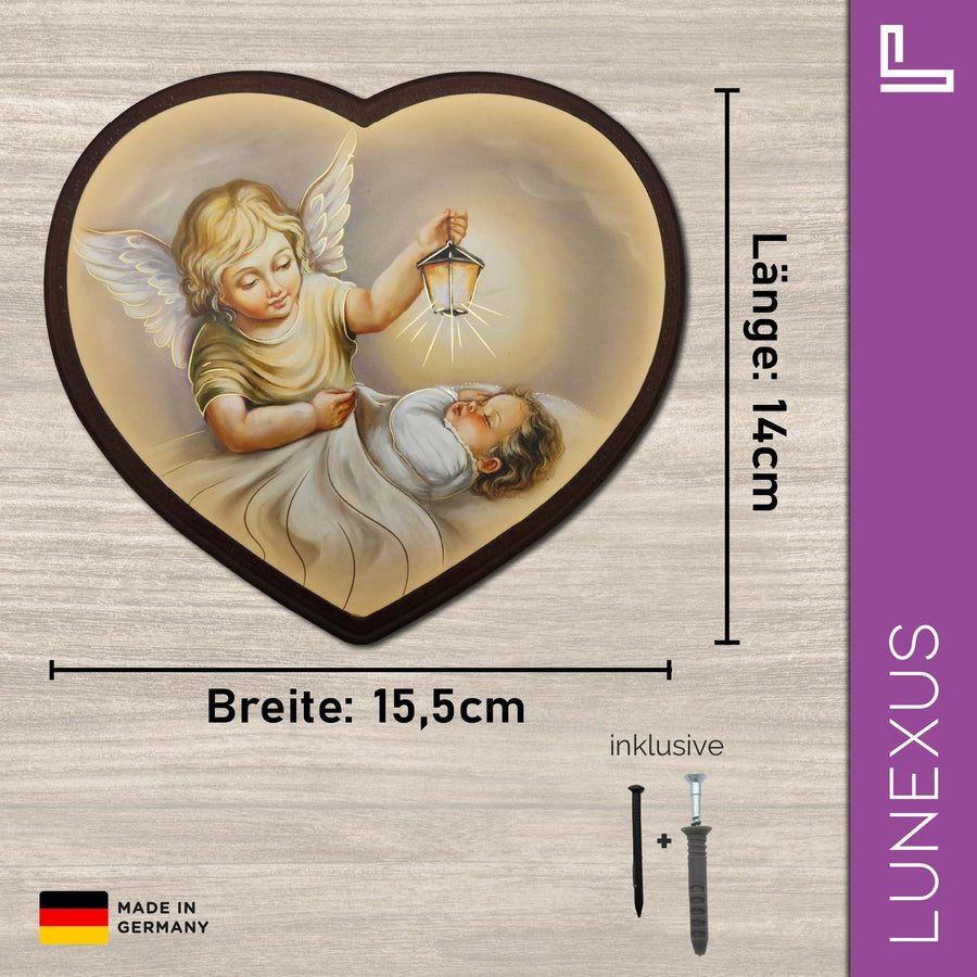 Cuadro ángel de la guarda en forma de corazón 14×15,5 cm – ángel con farol sobre un niño – vista 2