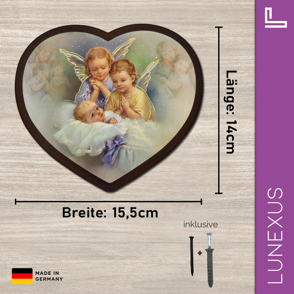 Cuadro ángel de la guarda en forma de corazón 14×15,5 cm – dos ángeles sobre un bebé dormido – vista 2