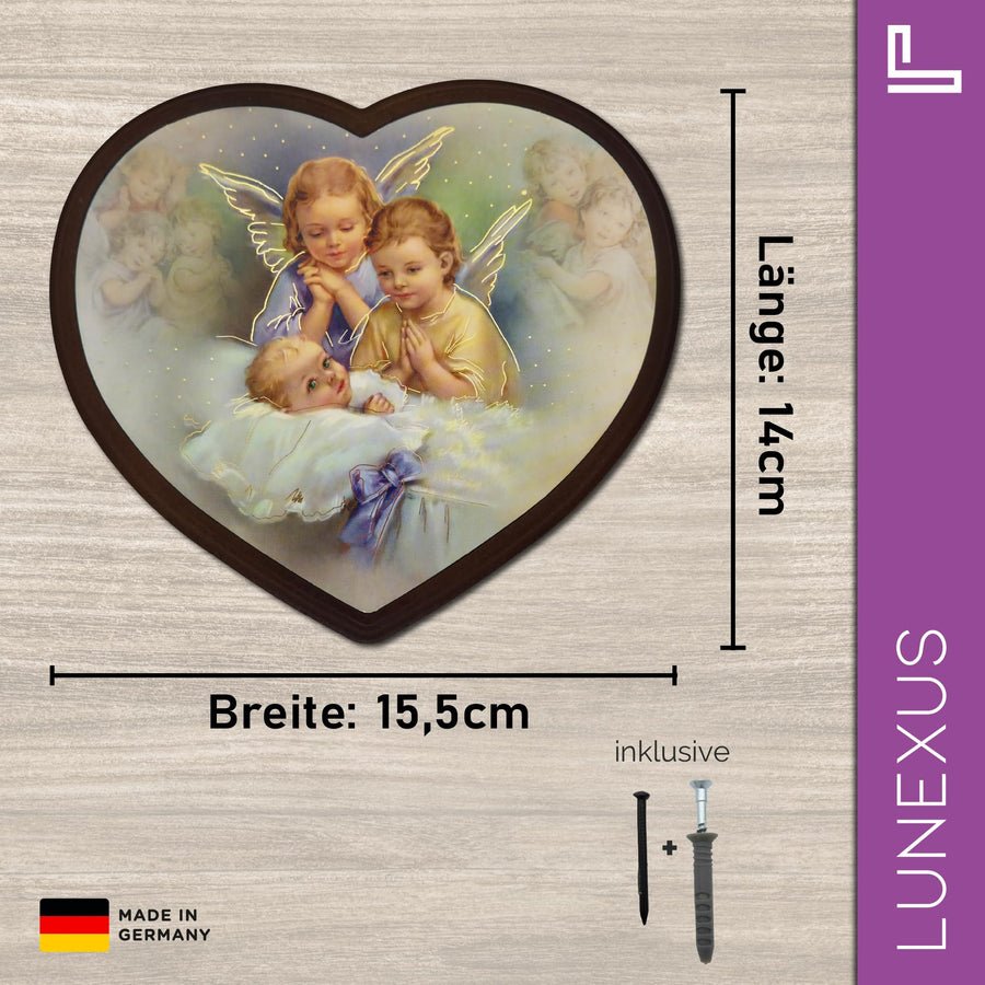 Guardian angel picture, heart-shaped, 14×15.5 cm – two angels over sleeping baby – view 2