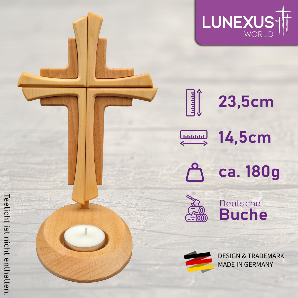 Croce da tavolo in legno di faggio 23,5 cm con portalumino – benedetta – vista 2