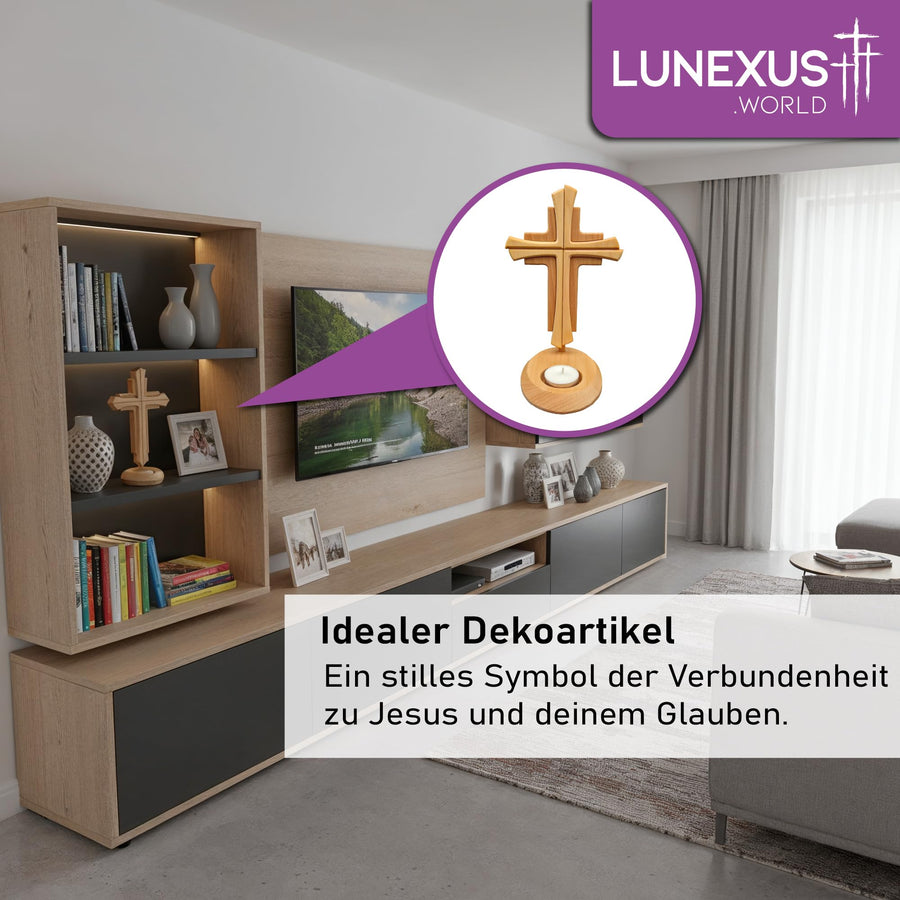 Beech wood standing cross 23.5 cm with tealight holder – blessed – view 5