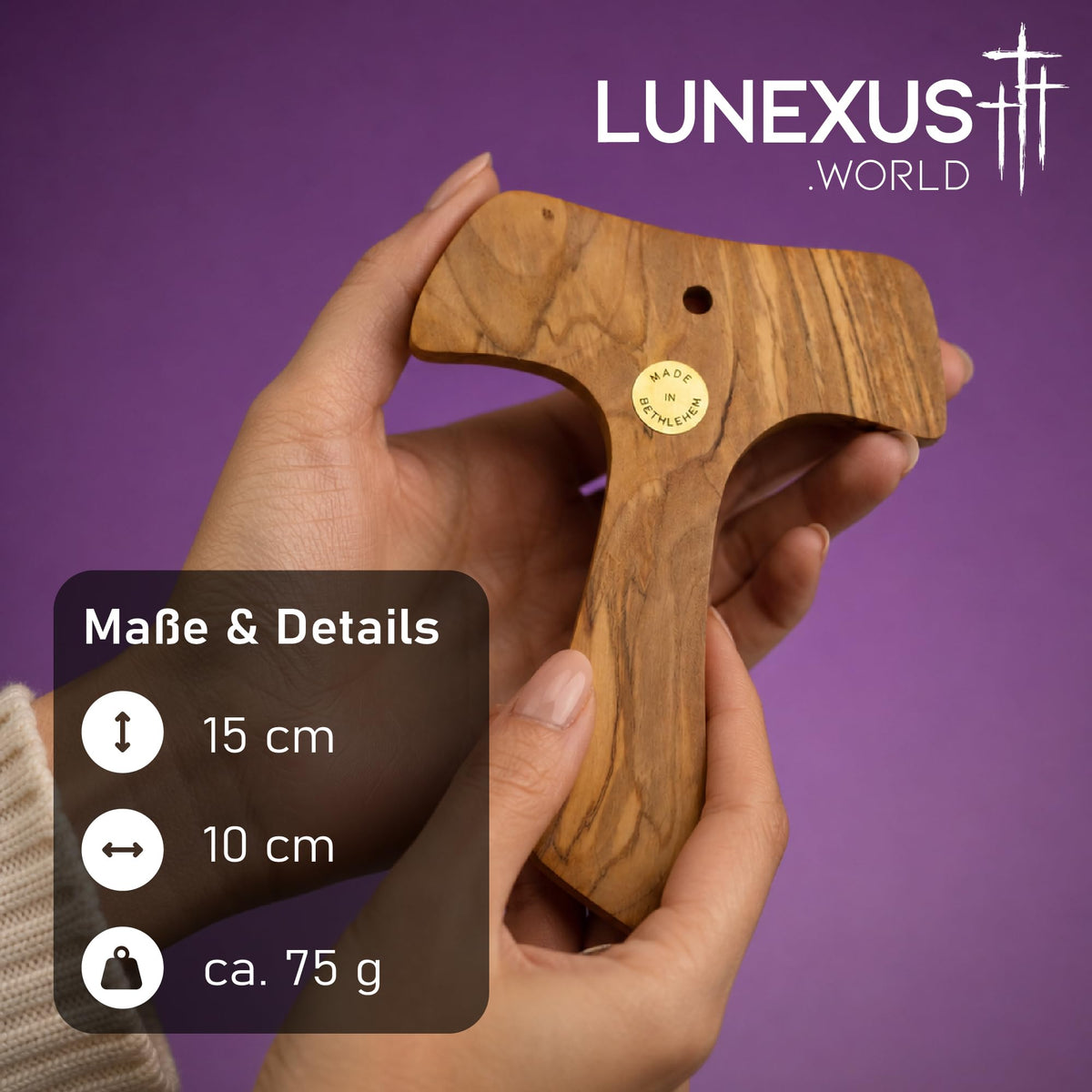 Olive wood tau cross 15 cm (wall cross) from Bethlehem – blessed in our warehouse – view 2