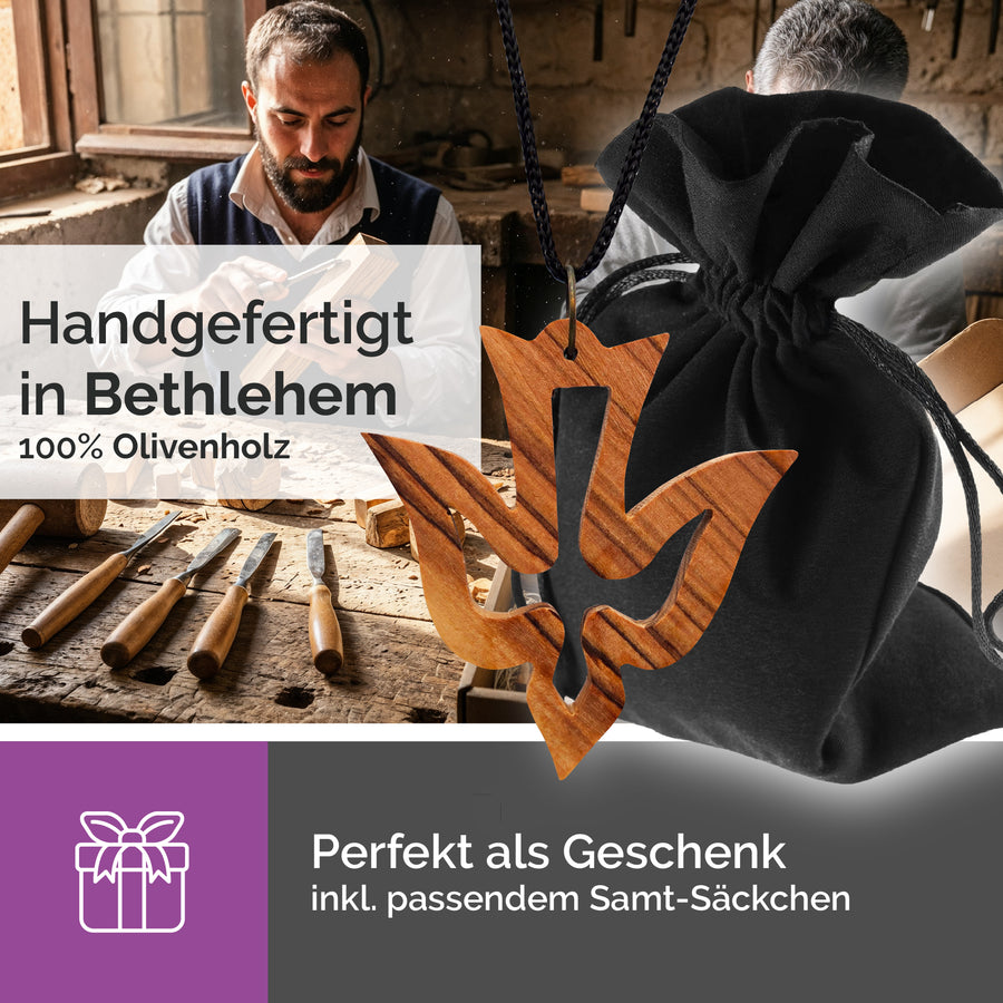 Handarbeit aus Bethlehem, Olivenholz Halskette mit Taubenanhänger gesegnet und zertifiziert