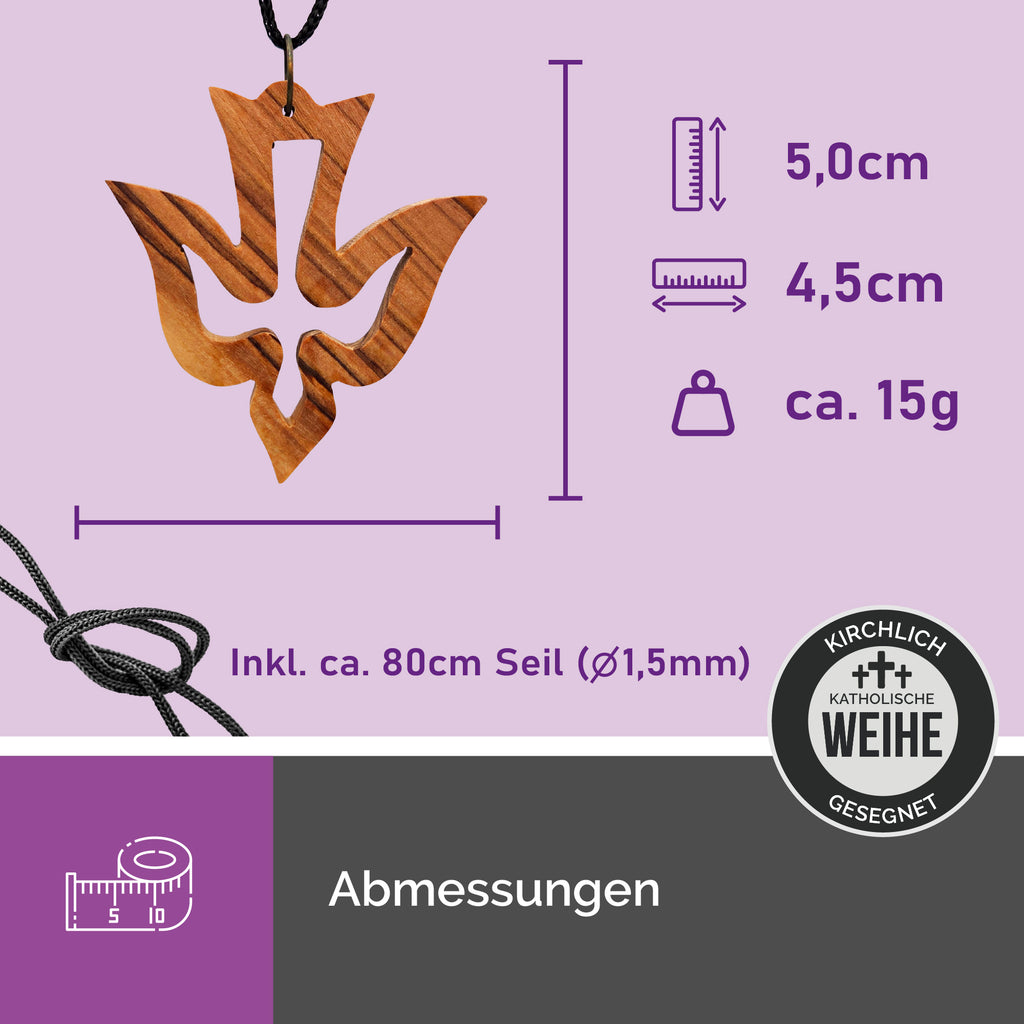 Maße Halskette mit Taubenanhänger Olivenholz, Anhänger 5x4,5 cm, Band 80 cm