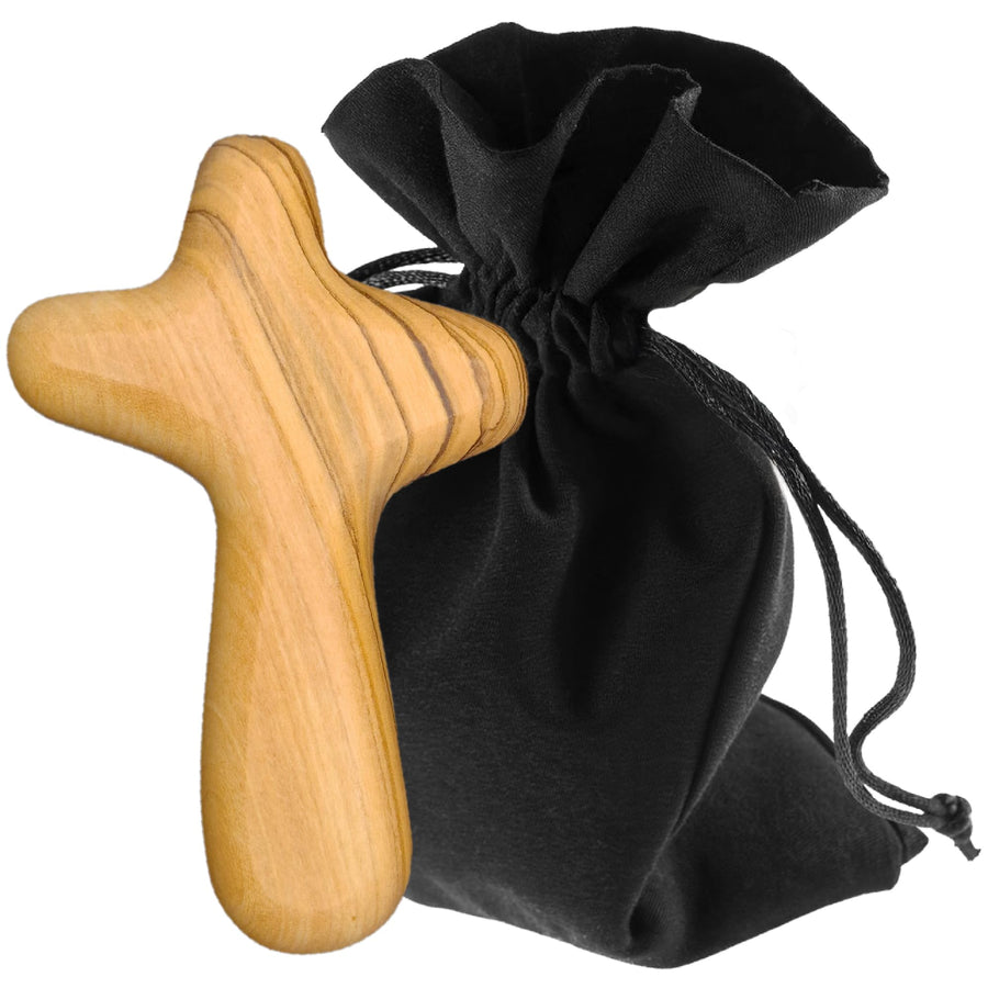 Olive wood comfort cross – handmade in Bethlehem (7.5 cm) – with velvet pouch