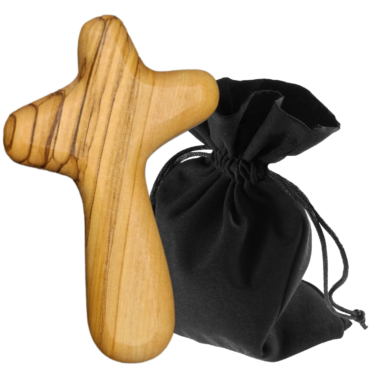Cruz de consuelo de madera de olivo – hecha a mano en Belén (10 cm) – con bolsita de terciopelo