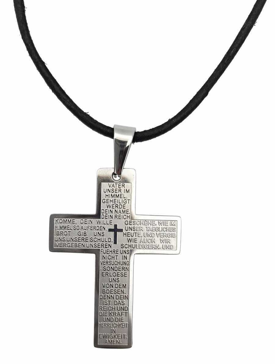 Collana con croce Padre Nostro in acciaio inossidabile, croce 3×2 cm, cordino in pelle – benedetta – vista del prodotto