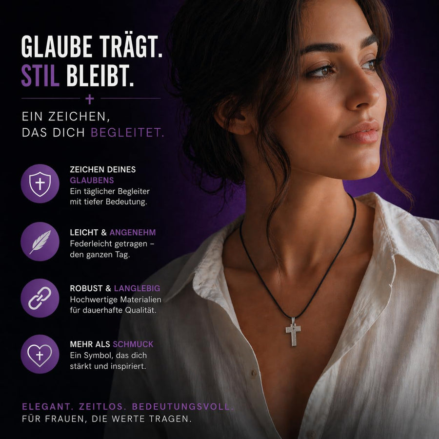 Collana con croce Padre Nostro in acciaio inossidabile, croce 3×2 cm, cordino in pelle – benedetta – vista 2