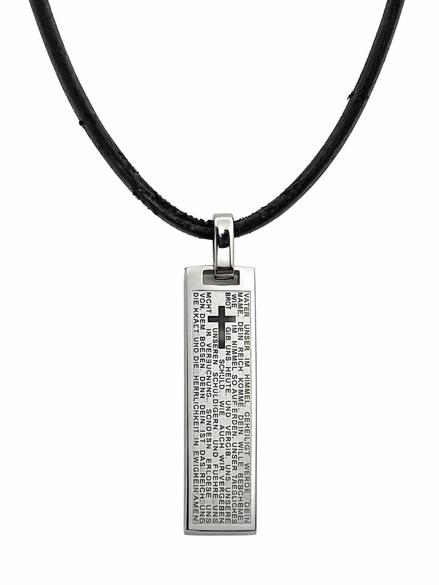 Collana con croce Padre Nostro in acciaio inossidabile con cordino nero, 3×1 cm – vista del prodotto