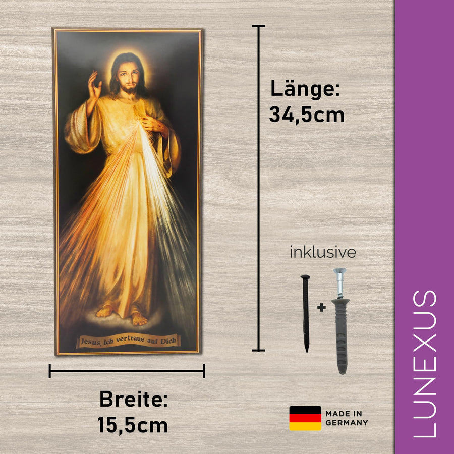 Divine Mercy wooden wall picture – blessed with certificate – dimensions 34.5 × 15.5 cm