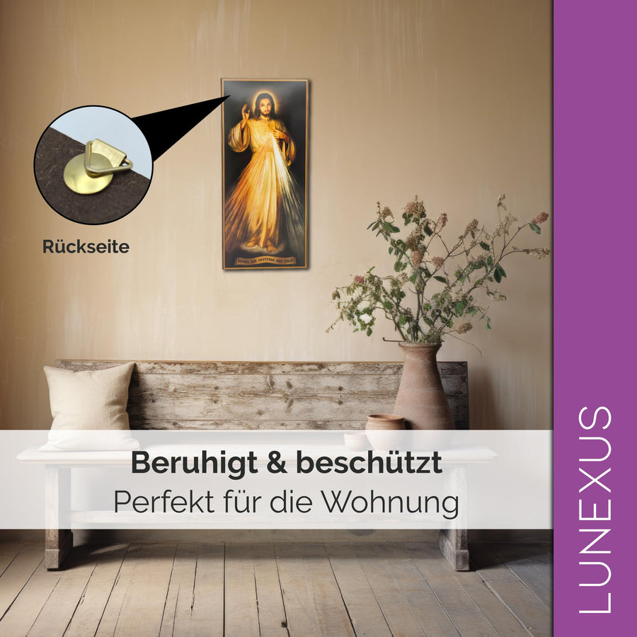 Divine Mercy wooden wall picture – blessed with certificate – large version on the wall, with view of the back