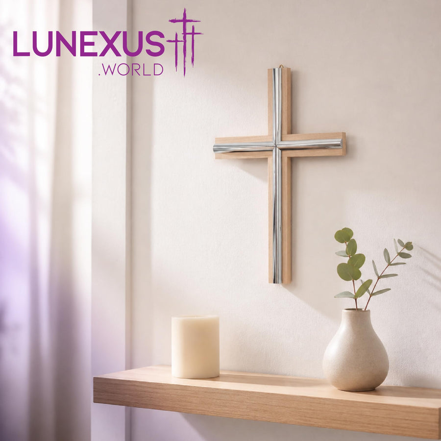 Beech wood wall cross, light, with metal strips 20×14 cm – blessed – view 7