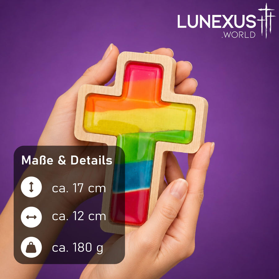 Beech wood wall cross with rainbow glass core 17×12 cm – blessed – view 2