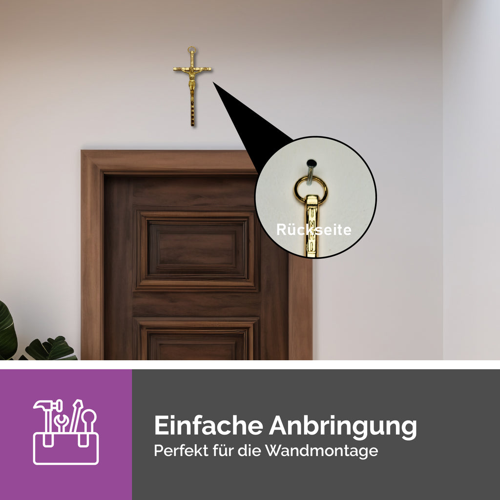 Handgefertigtes goldfarbenes Wandkreuz mit Korpus aus Italien gesegnet