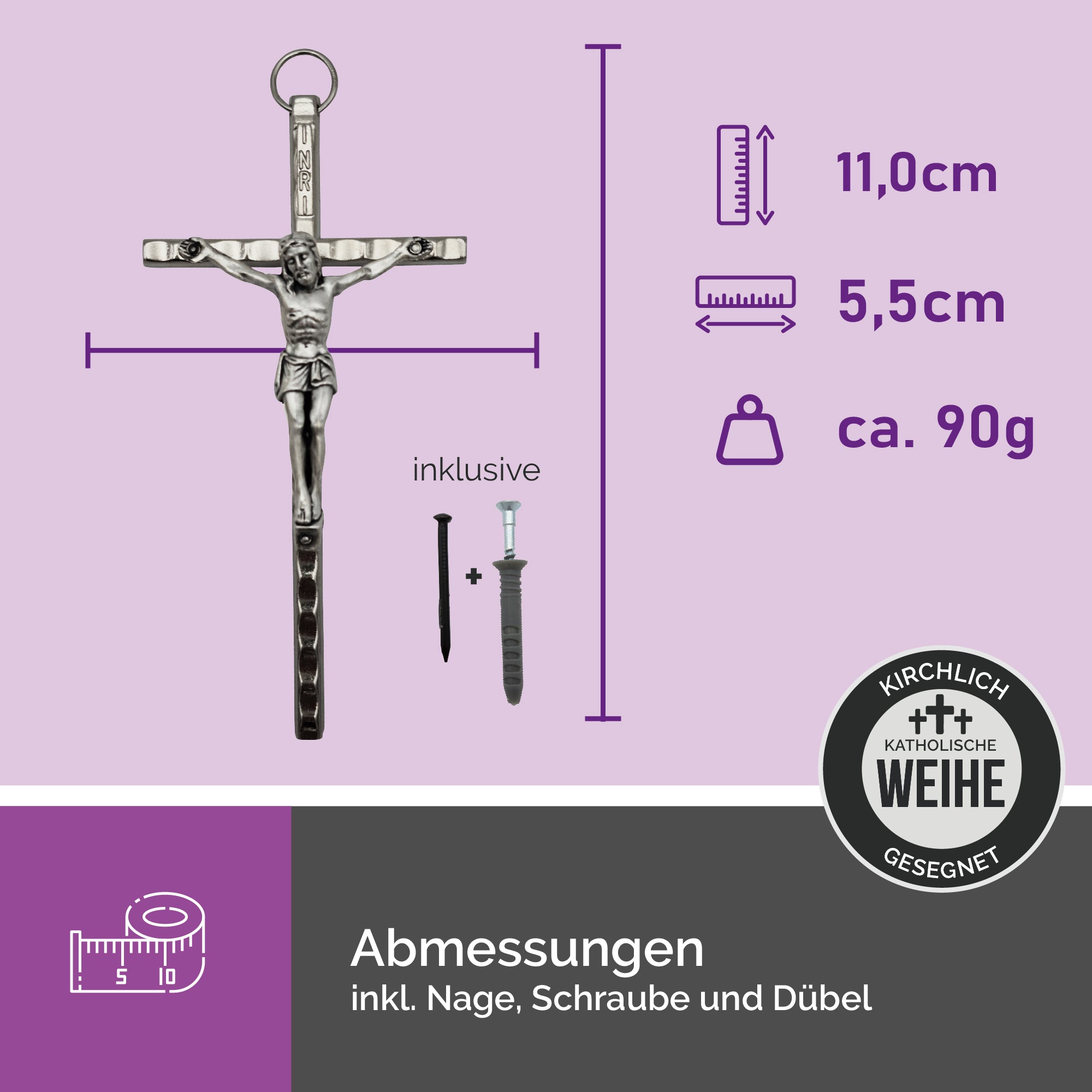 Maße des silberfarbenen Wandkreuzes mit Jesusfigur 11x5,5 cm