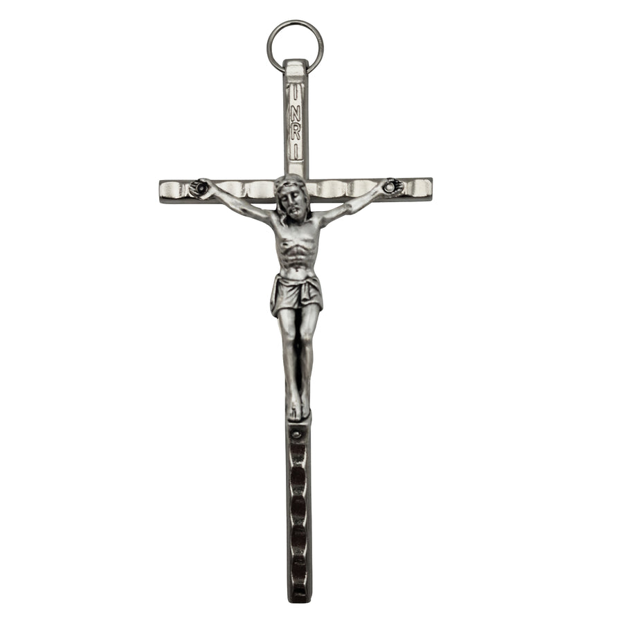 Croix murale en métal argenté avec figure de Jésus, crucifix bénit