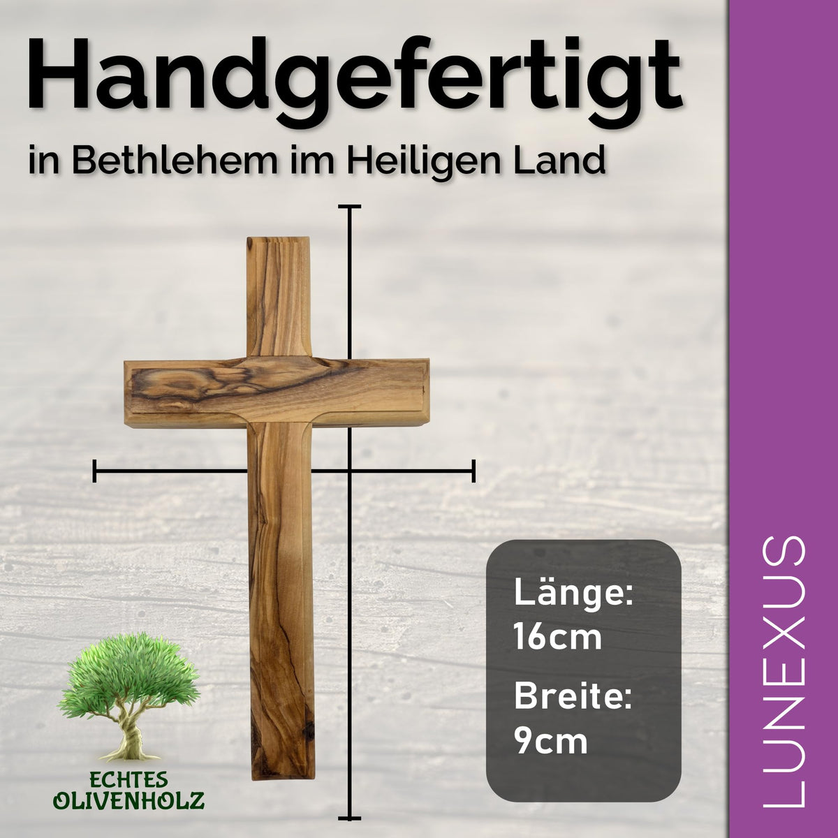 Croce da parete in legno d'ulivo 16×9 cm fatta a mano a Betlemme – vista 2