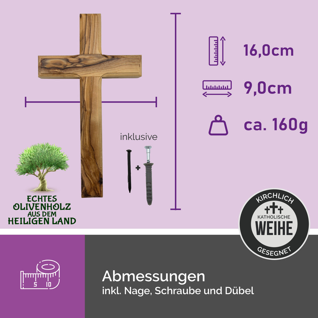 Wandkreuz Olivenholz 16x9 cm mit Montageset und Maßangaben