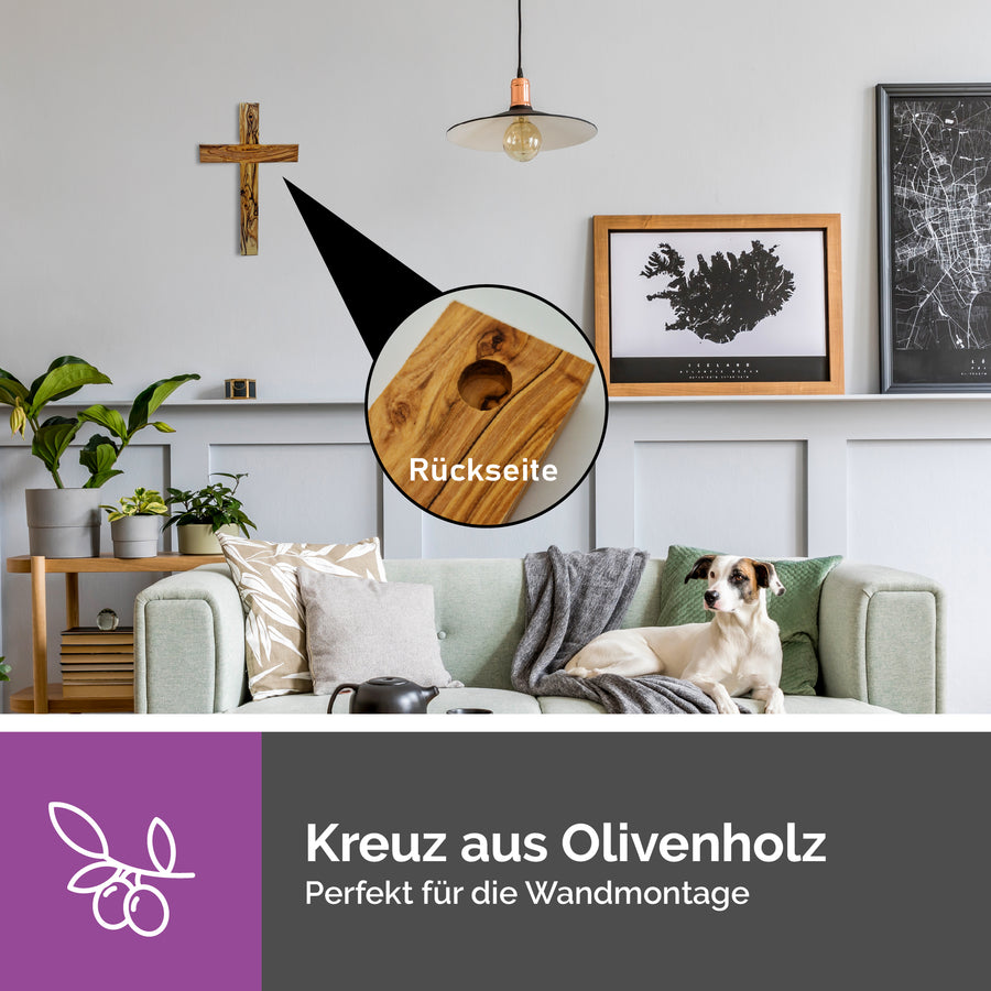 Olivenholz Kreuz als christliche Dekoration im Wohnzimmer oder Gebetsecke